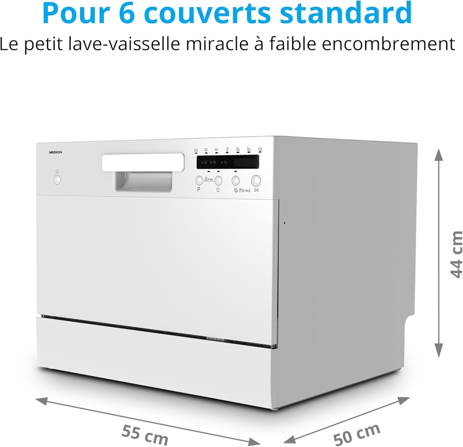 MEDION Lave-vaisselle de table DWT 60 (capacité 6 couverts, 7 programmes, affichage LED, 47dB, MD37496), blanc