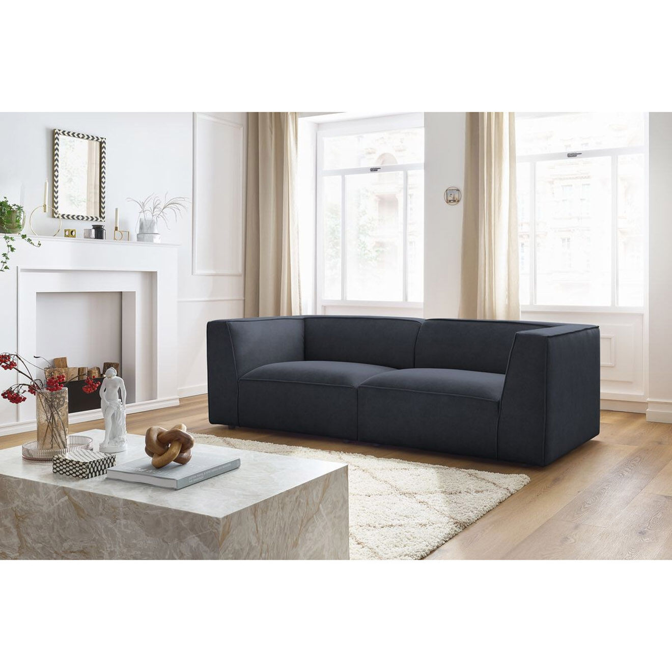 Bobochic Canapé droit fixe 3 places en Velours Molière bleu foncé - 233x99x71 cm