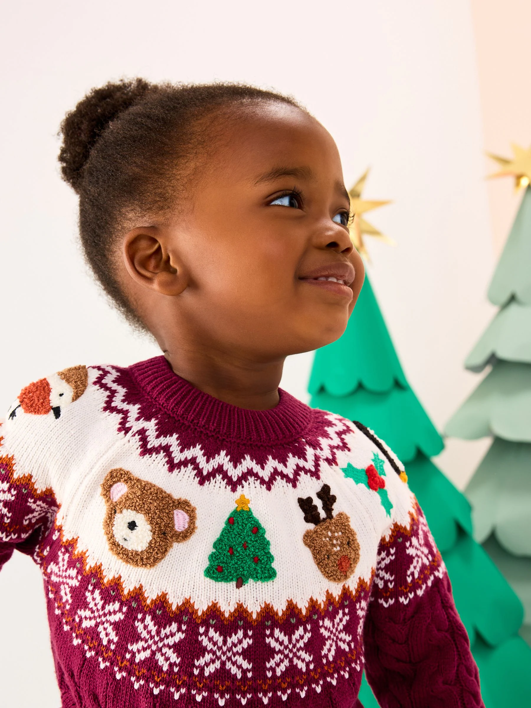 Paarsrood - Truijurk met kerstfiguren en fairisle-motief (3mnd -10jr)