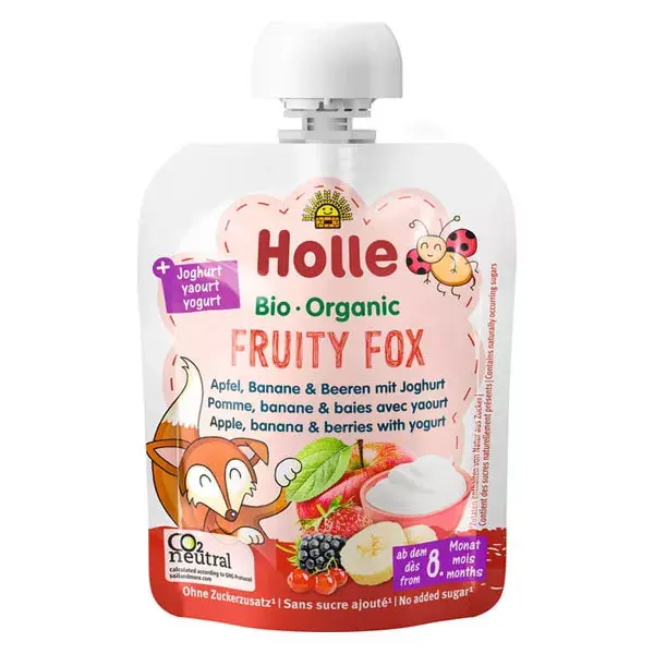 Iogurte Holle Fruity Fox Maçã e Banana em sachê +8m Orgânico 85g