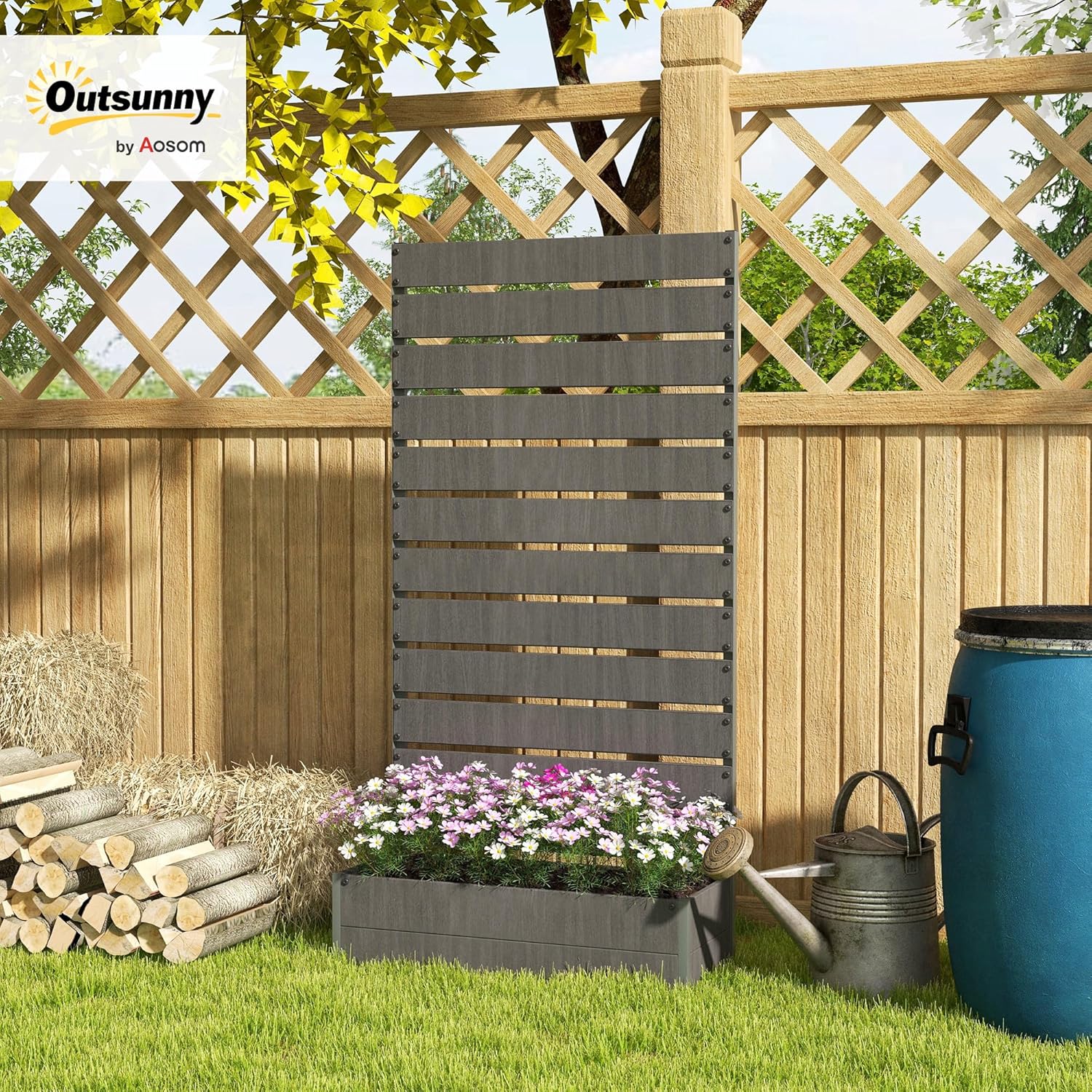 Outsunny Garten Pflanzkübel mit Rankgitter für Kletterpflanzen Reben Blumen Freistehendes Hochbeet für Garten Outdoor Terrasse Pflanzkasten mit Drainagespalt Dunkelgrau