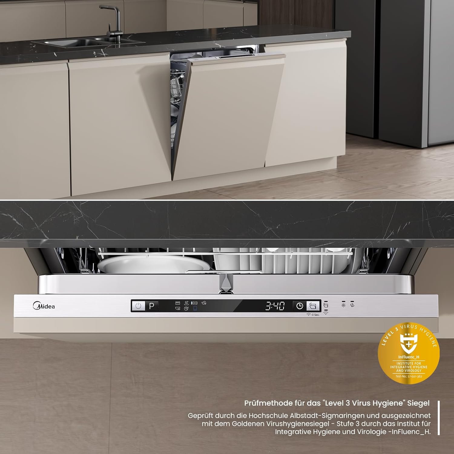 Midea SV 5.14K14C Geschirrspüler Vollintegriert 60cm, 14 Maßgedecke, Spülmaschine Unterbaufähig mit WIFI, 8 Programme, 44 dB, Automatische Türöffnung, 0-24H Startverzögerung, Inox