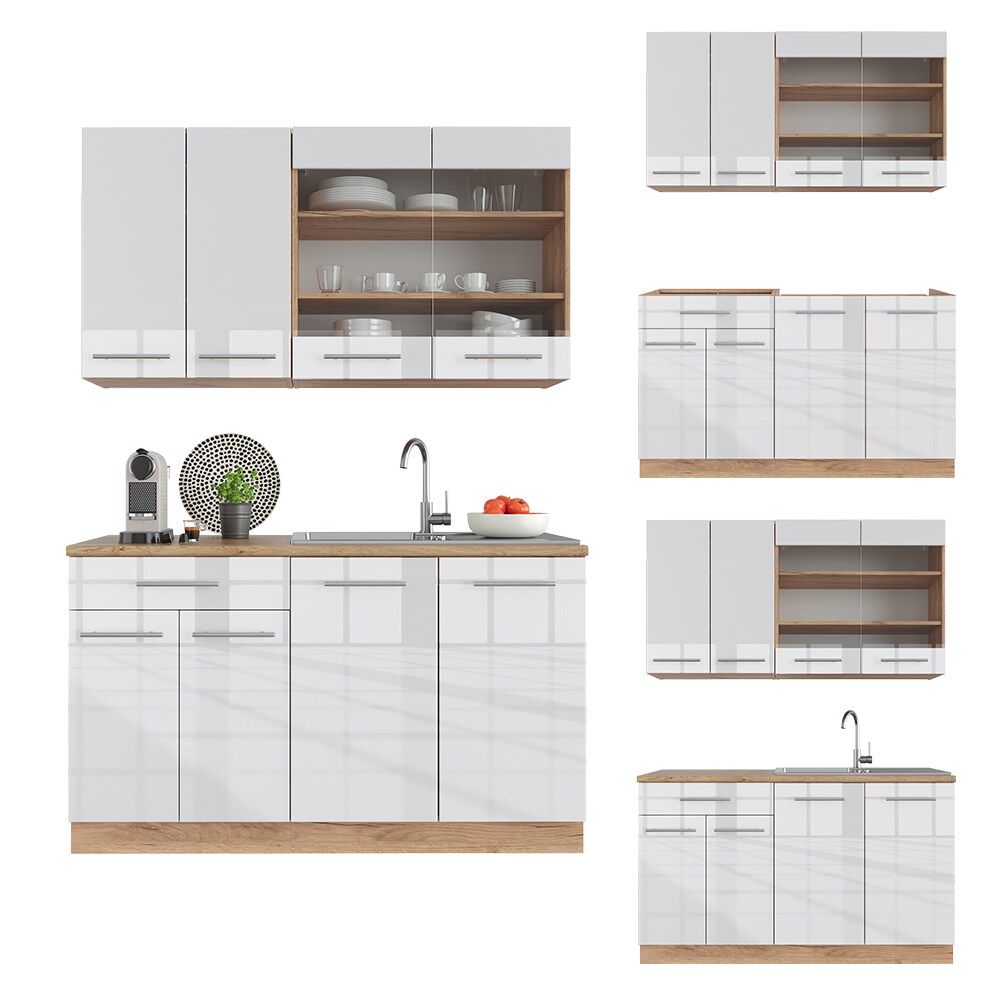 Vicco Küchenzeile Küchenblock Einbauküche Fame-Line Single Eiche Weiß 140 cm modern Küchen Schränke Spülenunterschrank Schubunterschrank Hängeschrank Hängeglasschrank Hochglanz