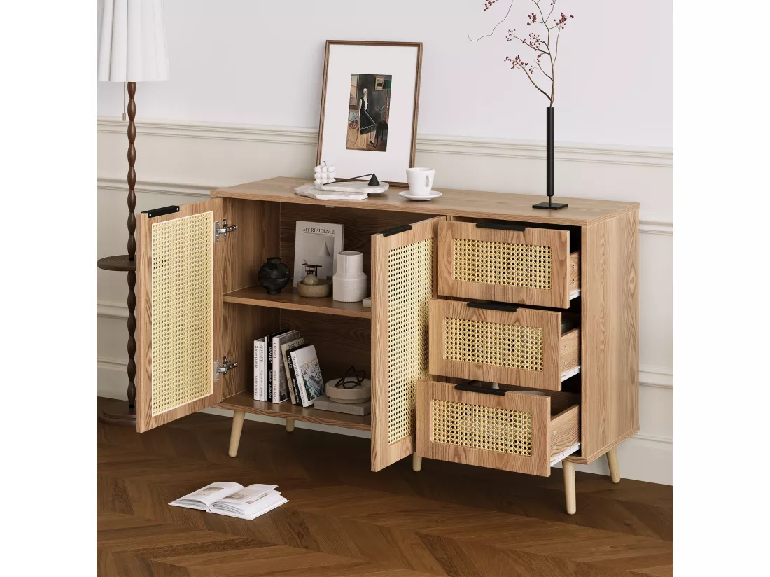 Buffet vintage effet bois en rotin à 2 portes et 3 tiroirs poignées noires CRITS NATURAL