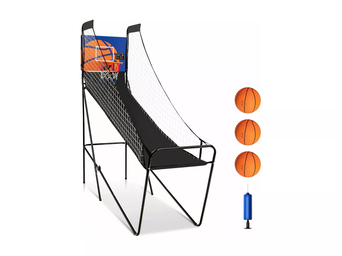 Jeu de Basketball Arcade, Jeu de Basketball Pliable avec Compteur Électronique et Buzzer, 3 Ballons de Basket, 1 Pompe