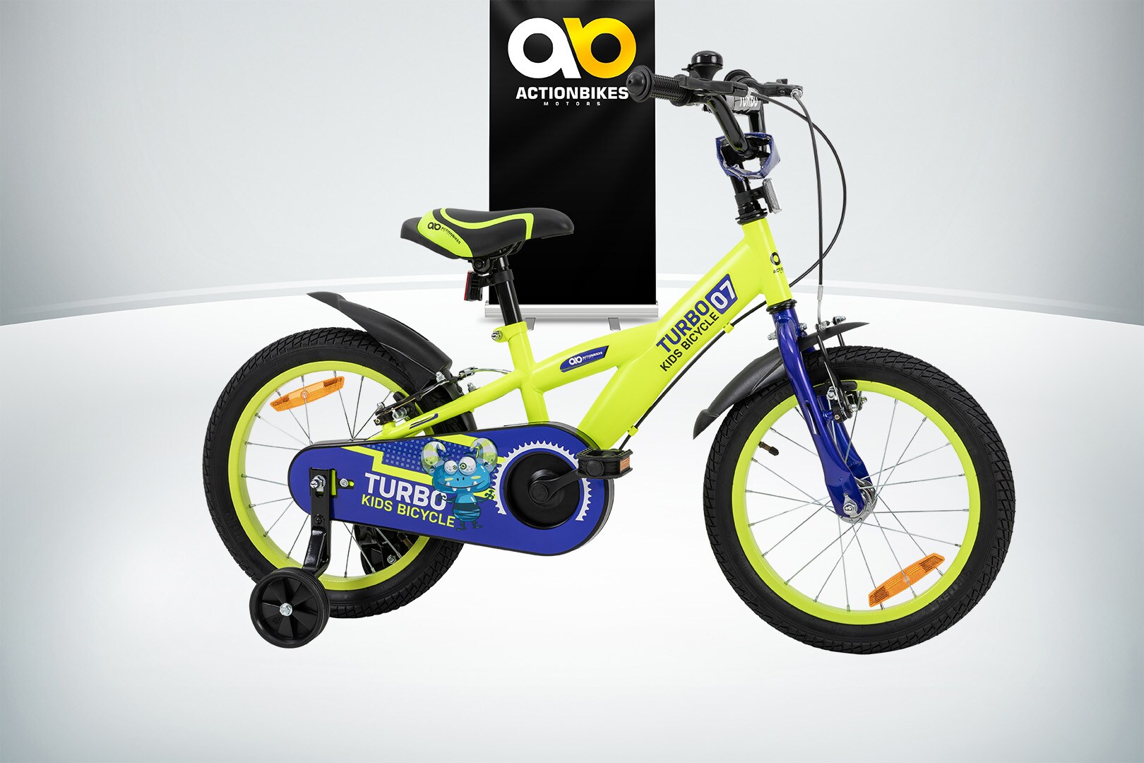 Actionbikes Kinderfahrrad Turbo 16 Zoll, Stützräder, V-Brake-Bremsen, Lenker-/Kettenschutz, Klingel