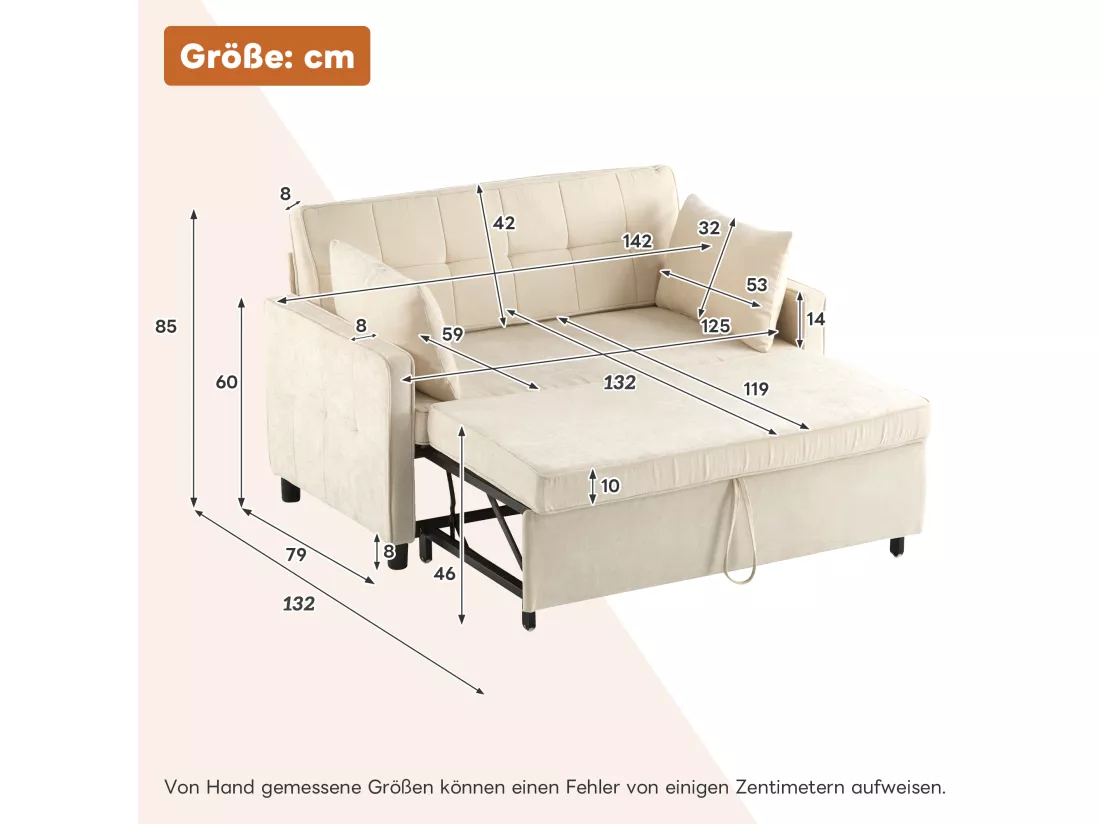 Canapé convertible 2 places, Canapé-lit pliant en tissu chenille - 142 x 79/174 x 85 cm - avec fonction sommeil et dossier réglable - Beige