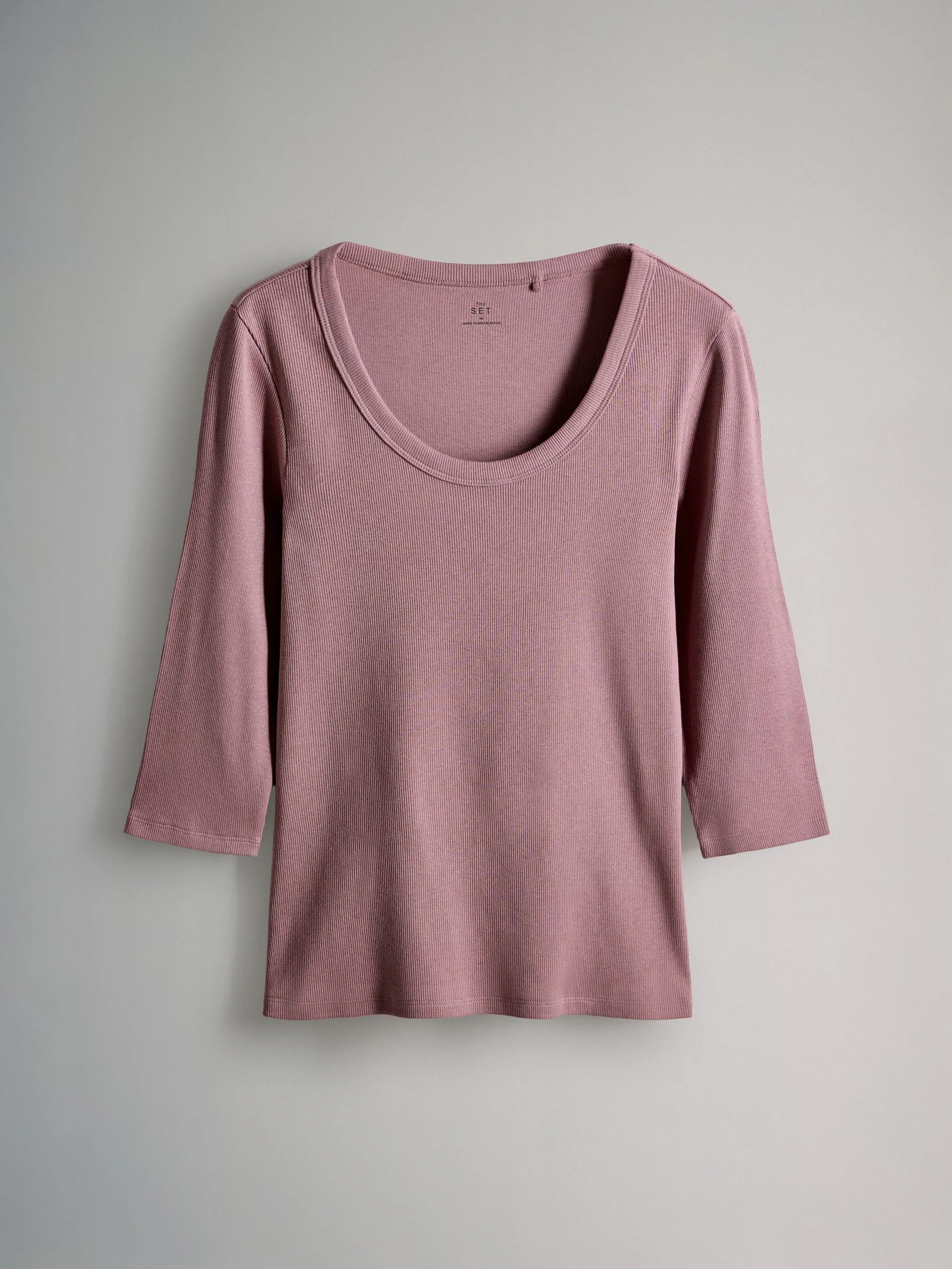 Brown/Purple/Pink/White - The Set 4 Pack Scoop Neck 3/4 Sleeve Ribbed T-Shirts
