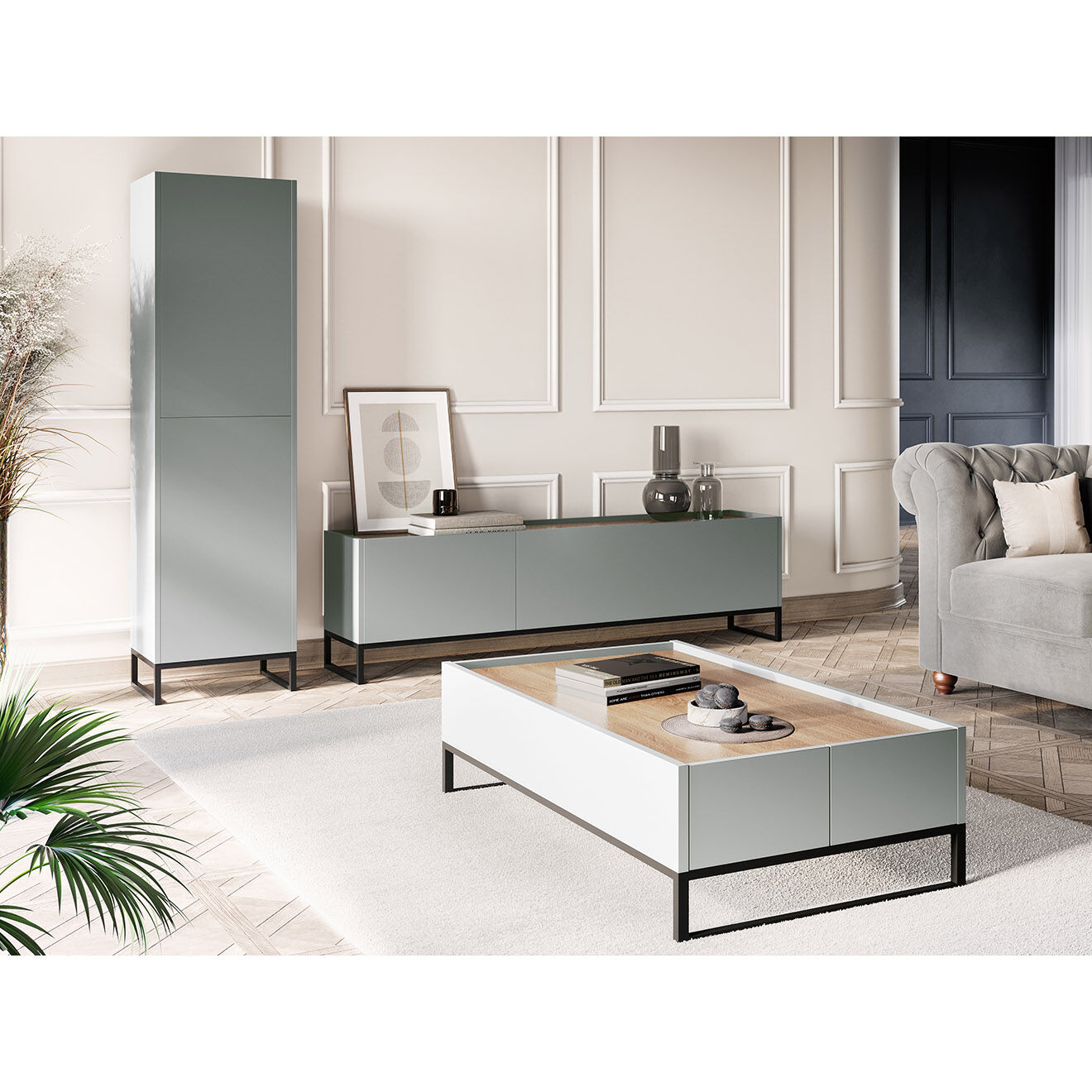 Windsor & Co Meuble TV Helene chêne naturel/gris clair - 180x40x50 cm