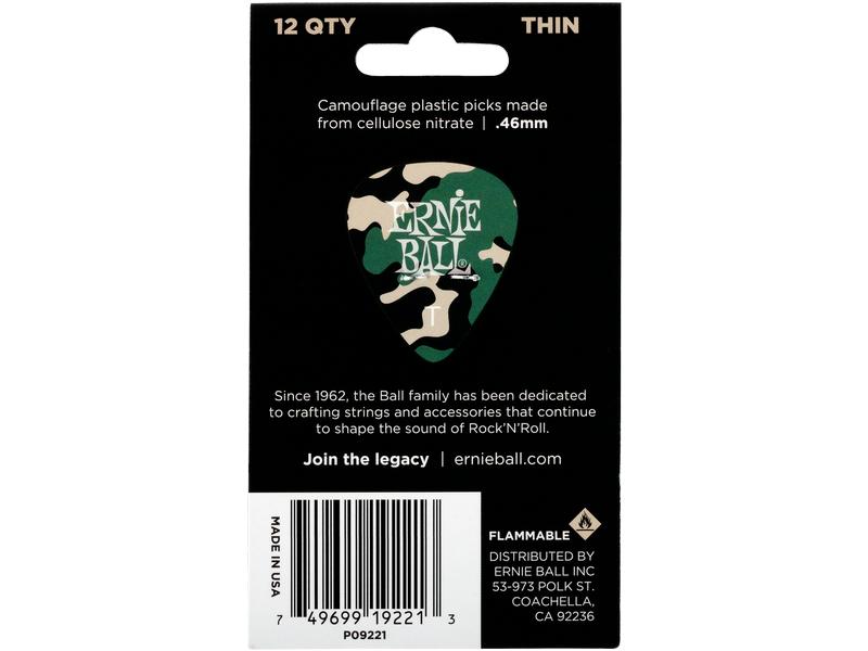 Ernie Ball Camouflage Thin Picks 0.46 mm – 12er Pack Zelluloid-Plektren im Camouflage-Look