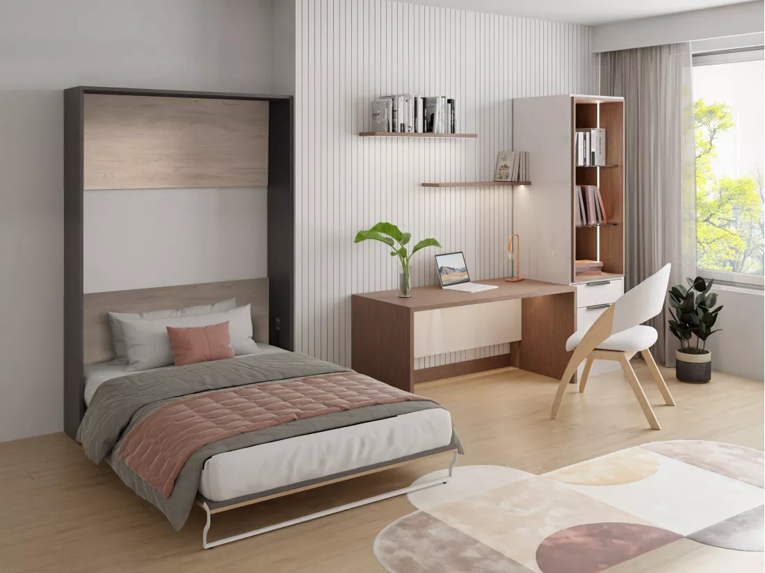 Lit escamotable 140 x 200 cm - Ouverture verticale manuelle - Coloris : Naturel et anthracite + Matelas - MALINA II