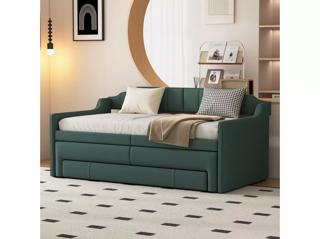 Lit gigogne mobile avec 3 tiroirs - 90 x 200 cm + 90 x 190 cm - lin et MDF - coloris vert