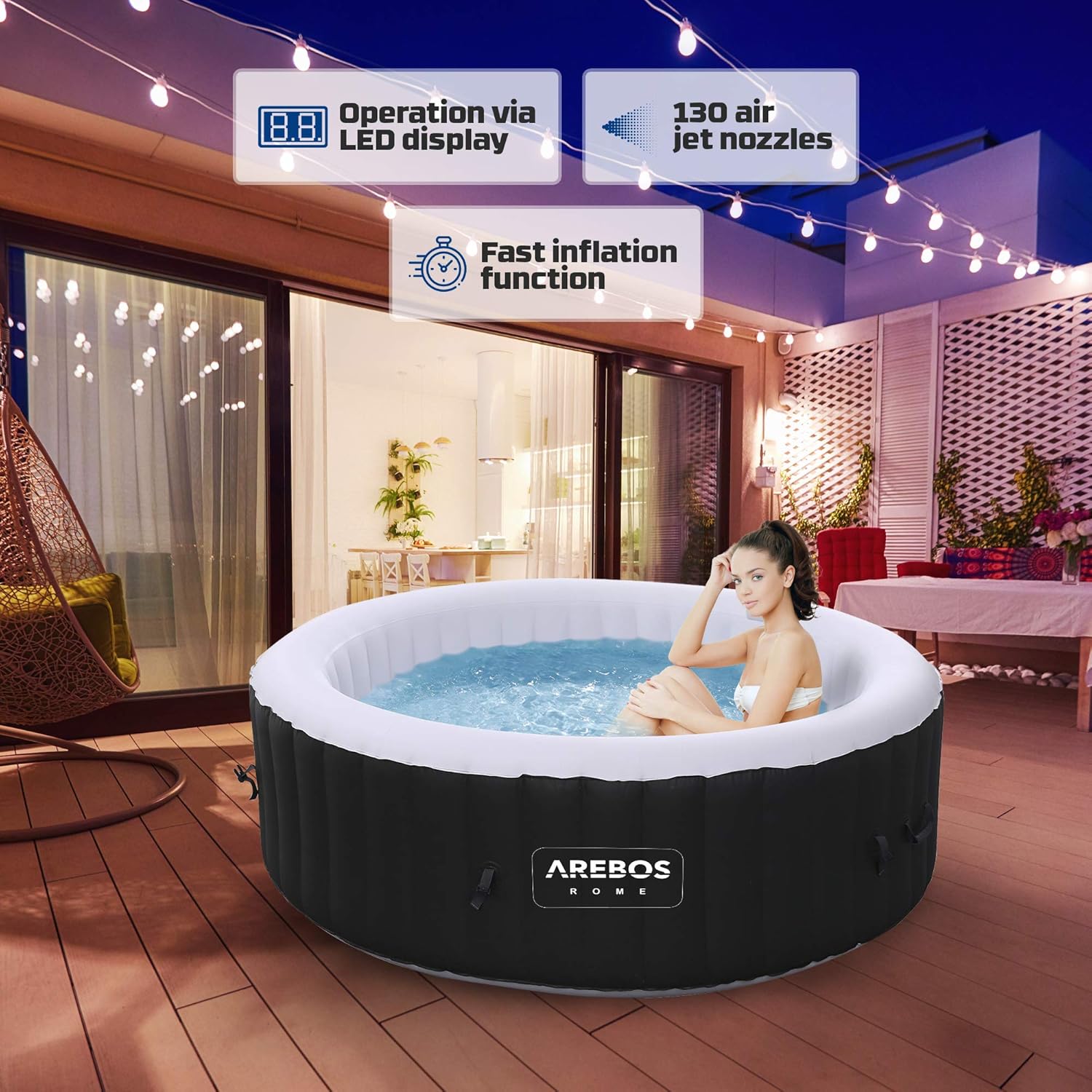 Arebos Whirlpool | aufblasbar | In- & Outdoor | 6 Personen | ⌀ 208 cm | 130 Massagedüsen | mit Heizung | 1.000 Liter | Inkl. Abdeckung | Bubble Spa & Wellness Massage