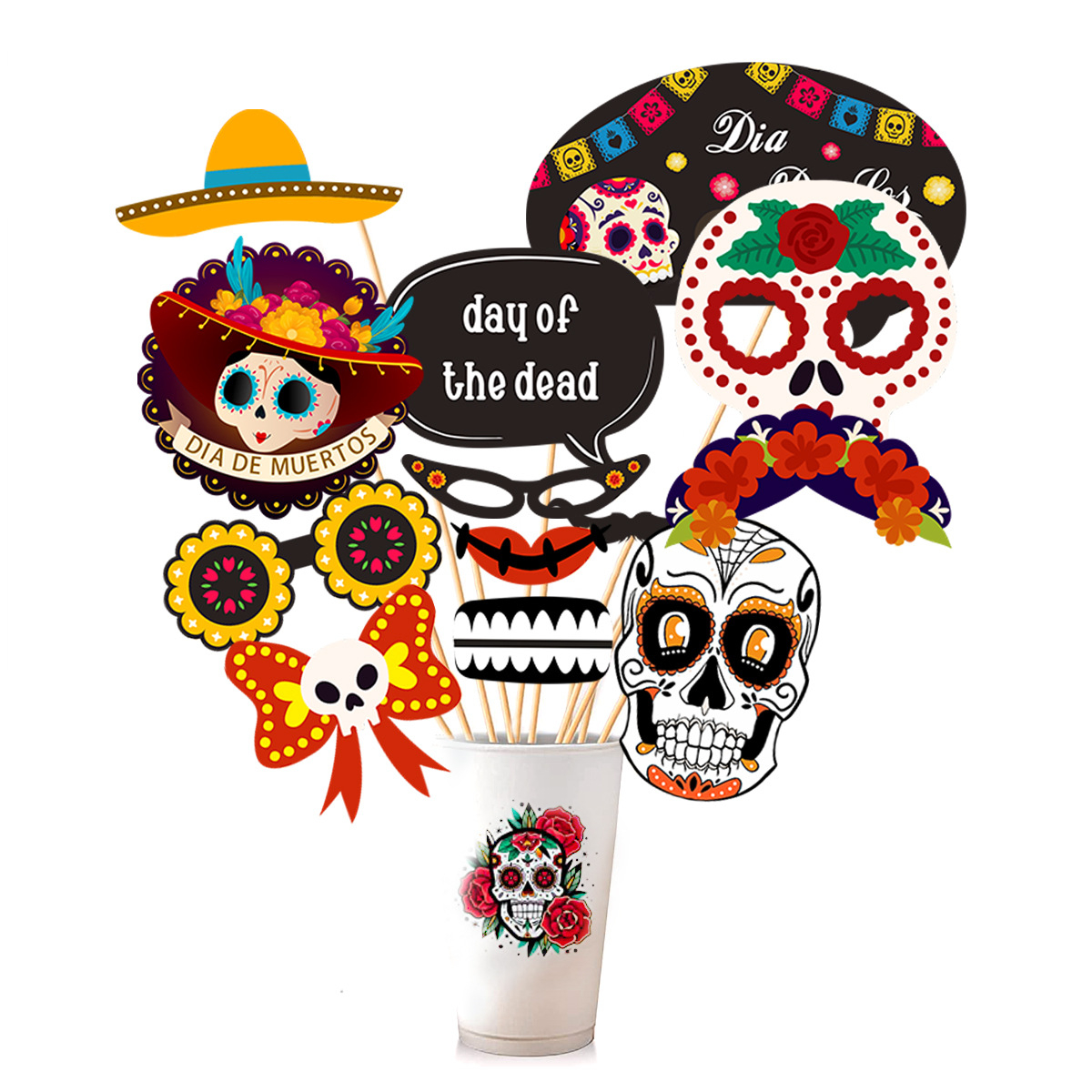 (21er Set) Photo Booth Fotorequisiten La Catrina Party Foto Accessoires Deko für lustige Bilder - Día de Muertos