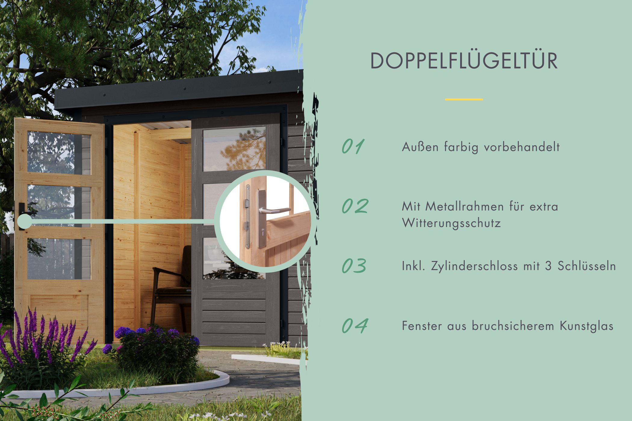 Karibu Hybrid Gartenhaus Hollywood im Set mit Anbaudach ca. 2,40 mbreit terragrau inkl. Fußboden Gartenlaube Geräteschuppen Gartenhütte