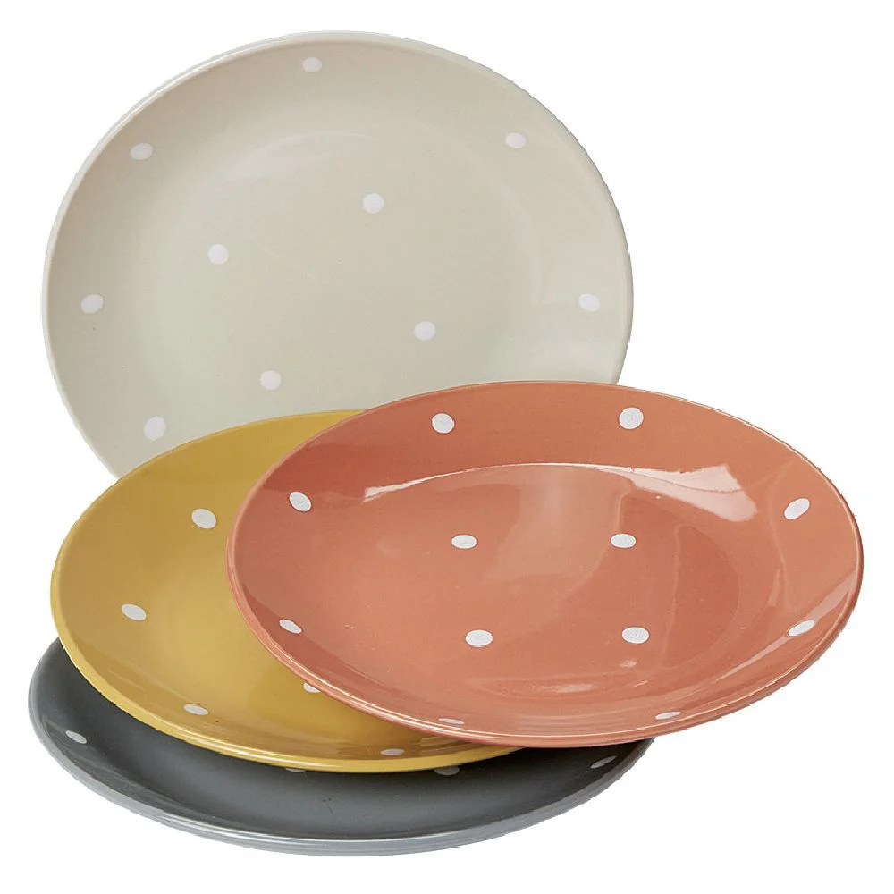 Lot de 4 assiettes rondes plates céramique déco pois