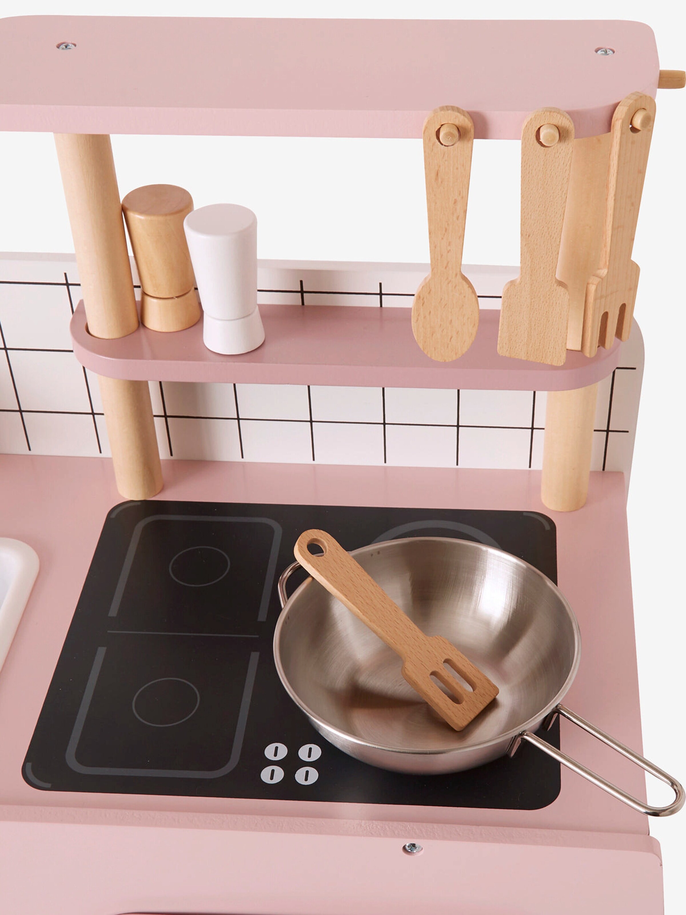 Vertbaudet Retro-Spielküche, Küche aus Holz FSC® rosa/natur