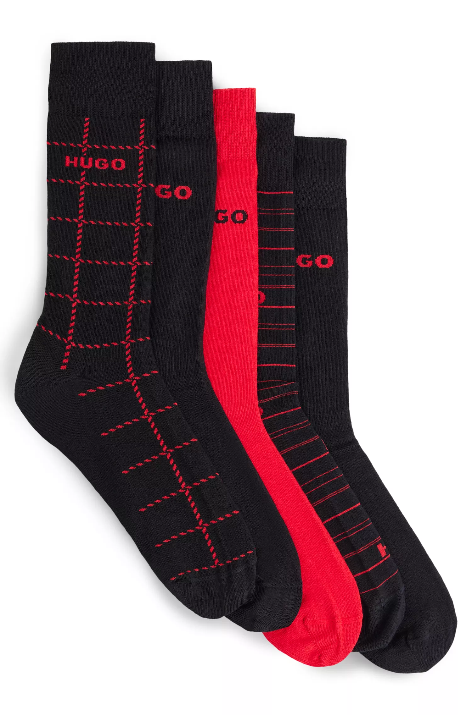 HUGO Vermelho - Pacote com cinco pares de meias de comprimento normal com logotipos.