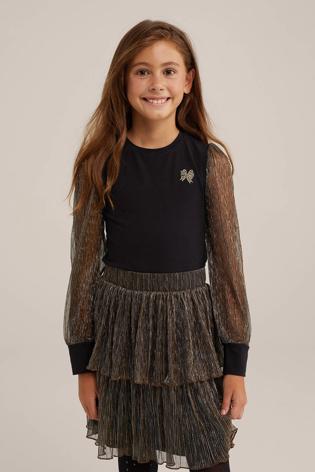WE Fashion top met borduursels zwart/goud