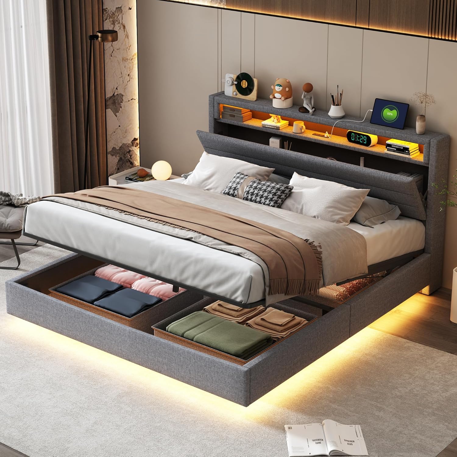 Polsterbett 160x200 cm, Doppelbett Funktionsbett mit USB-Steckdose und LED-Beleuchtung, Hängebett Kopfteil mit Verdeckter Stauraum, Bettgestell Bett mit Lattenrost, Leinen, Ohne Matratze, Grau