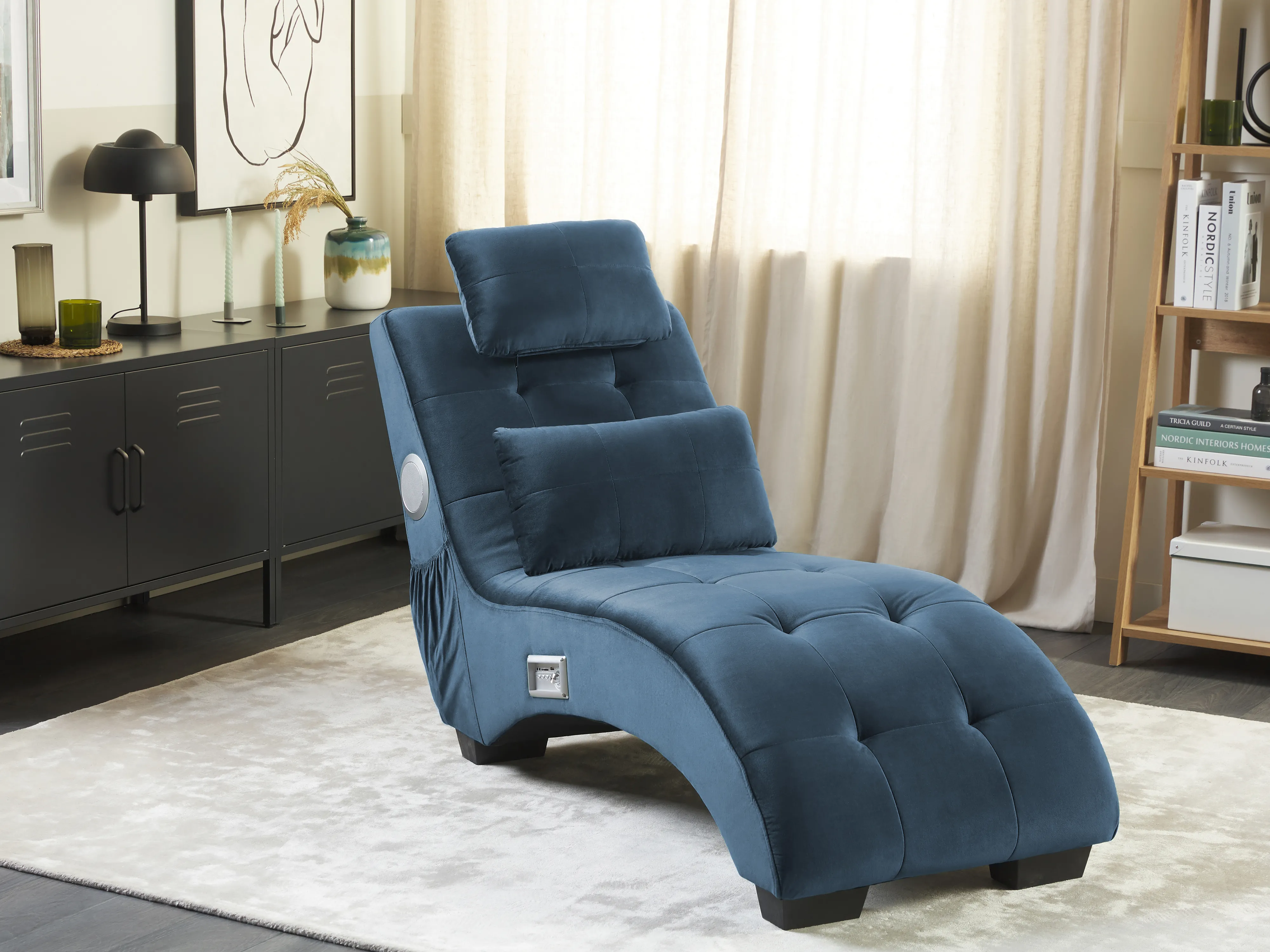 Chaise longue SIMORRE Fluweel Donkerblauw met ingebouwde Bluetooth speaker