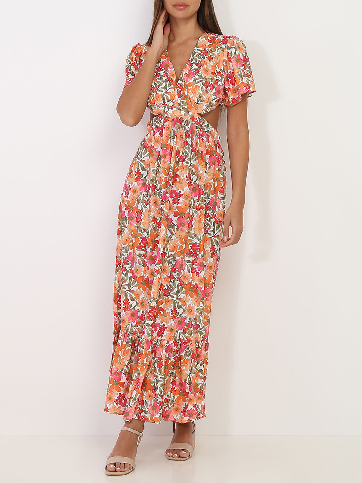 Robe longue à fleurs avec découpes- Blanc