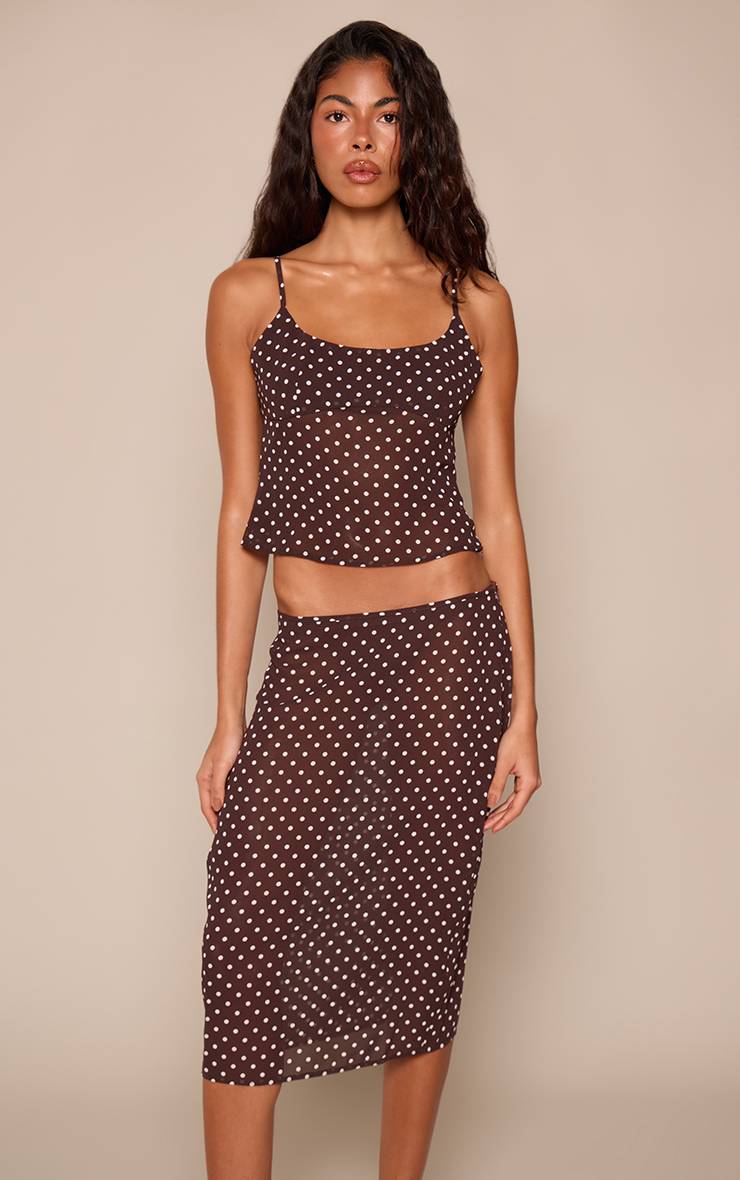 Marron Jupe Midi Co-ord En Mousseline Transparente À Pois