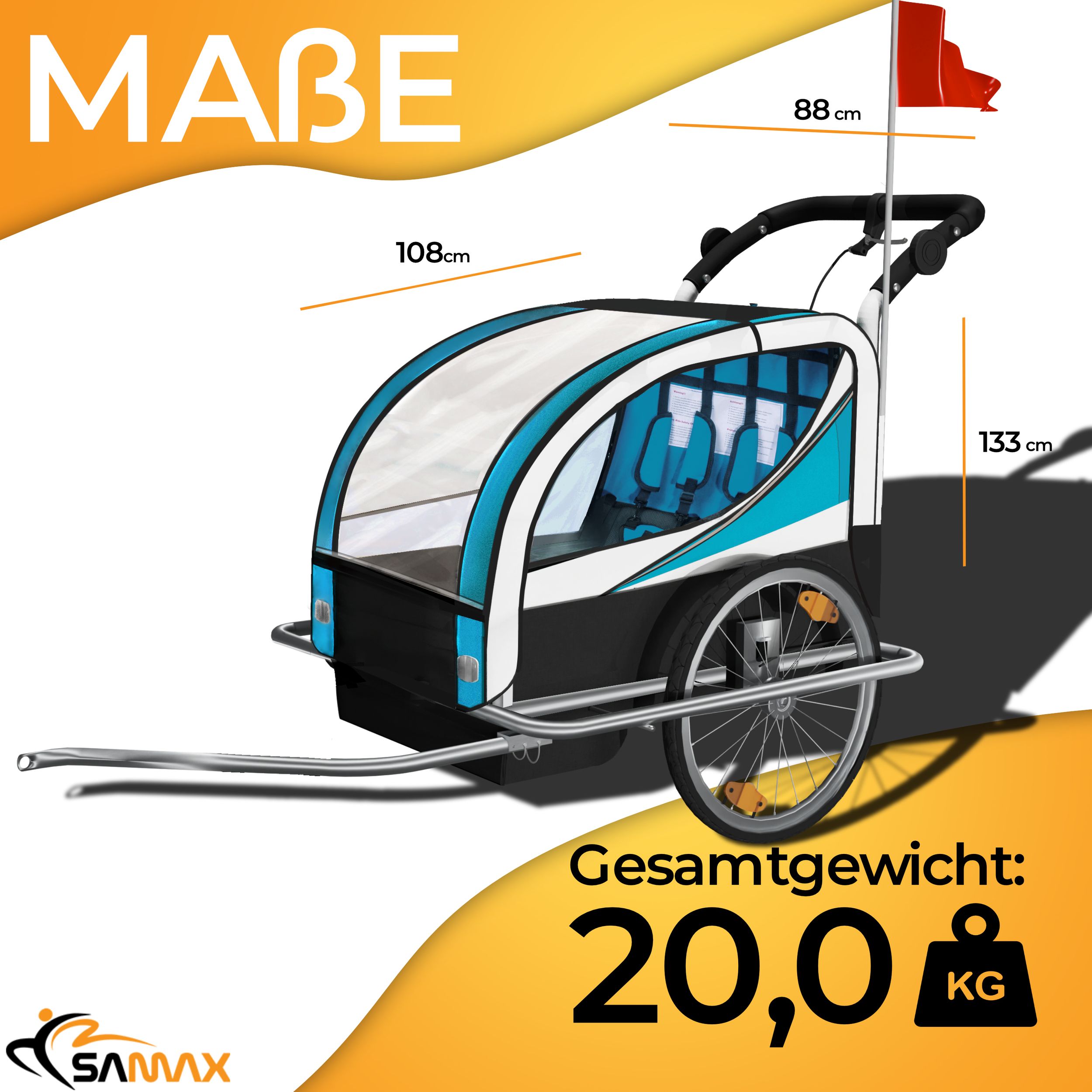SAMAX 360° drehbarer Fahrradanhänger 2in1 Jogger - in Blau - Silver Frame