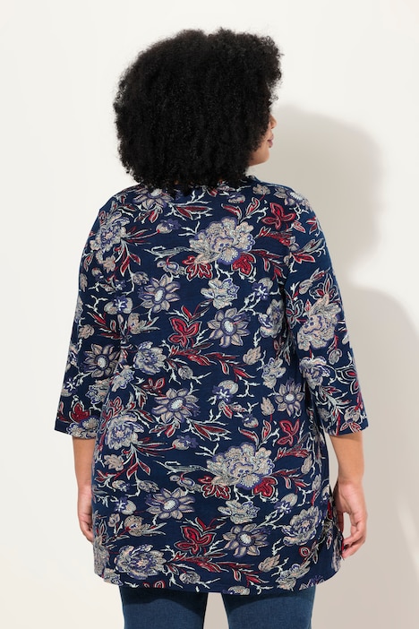 Longshirt, Blüten, A-Linie, Tunika-Ausschnitt, 3/4-Arm