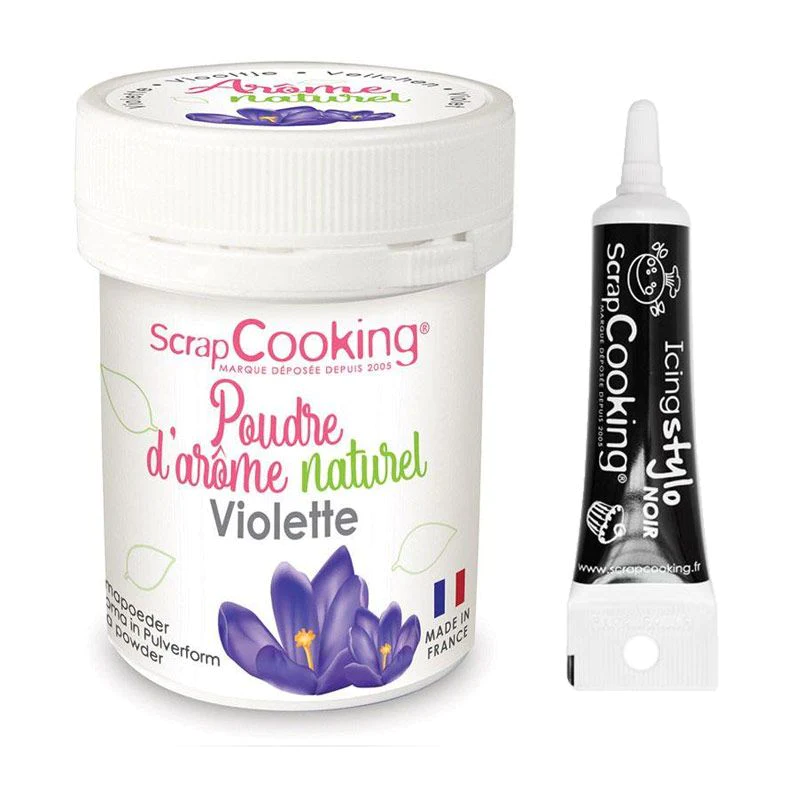 Arôme alimentaire naturel en poudre violette + Stylo glaçage noir Scra