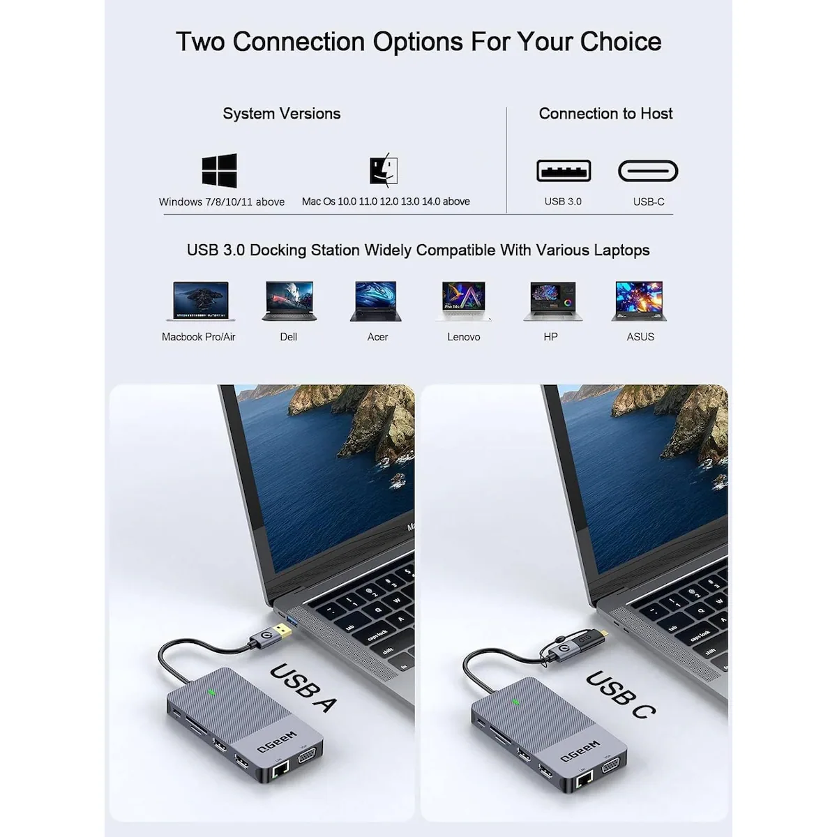 NÖRDIC 1 til 10 USB-A & C DisplayLink-dokkingstasjon 2xHDMI, 1xVGA, 2xUSB3.0, 1xRJ45, 2xSD/TF, 2x3,5 mm
