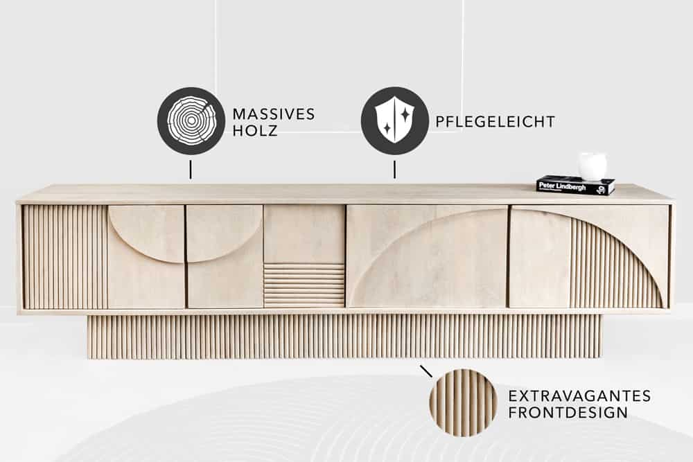 Massivholz TV-Lowboard ART DECO 200cm weiß gekälkt Mangoholz 3D-Front