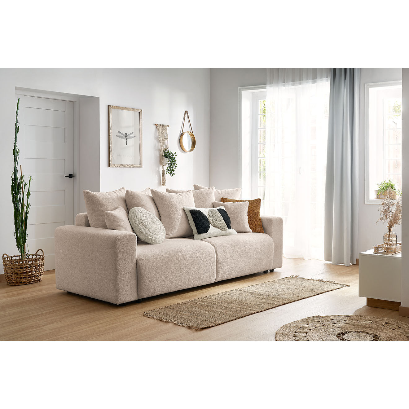 Bobochic Canapé 3 places convertible velours bouclette Envy beige - 245x102x88 cm