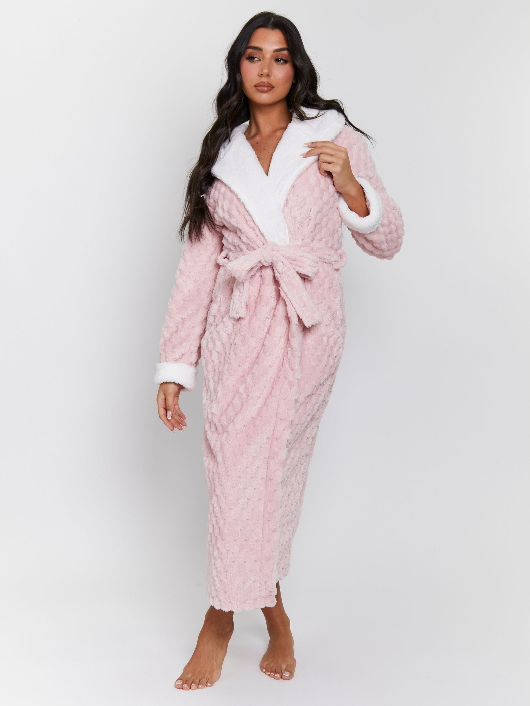 Roze - Loungeable - Geometrische luxe fleece maxi-badjas met capuchon