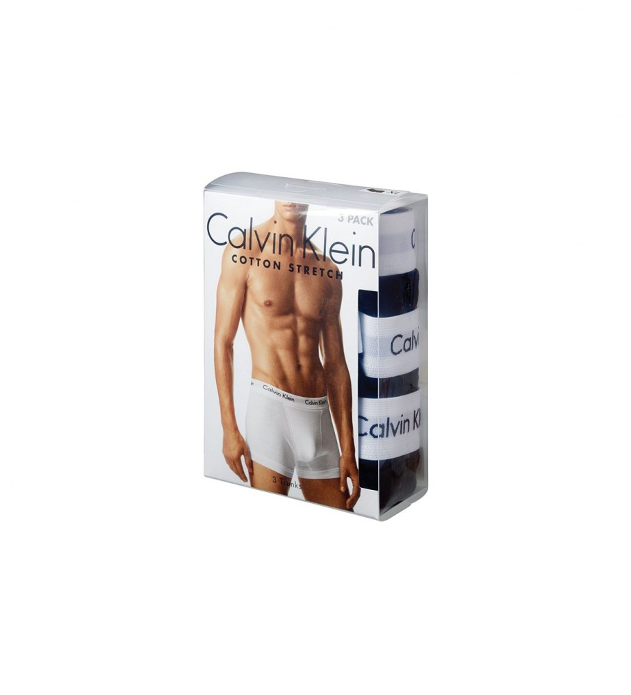 Conjunto de 3 cuecas boxer Calvin Klein de cintura baixa em algodão elástico, pretas e azuis.