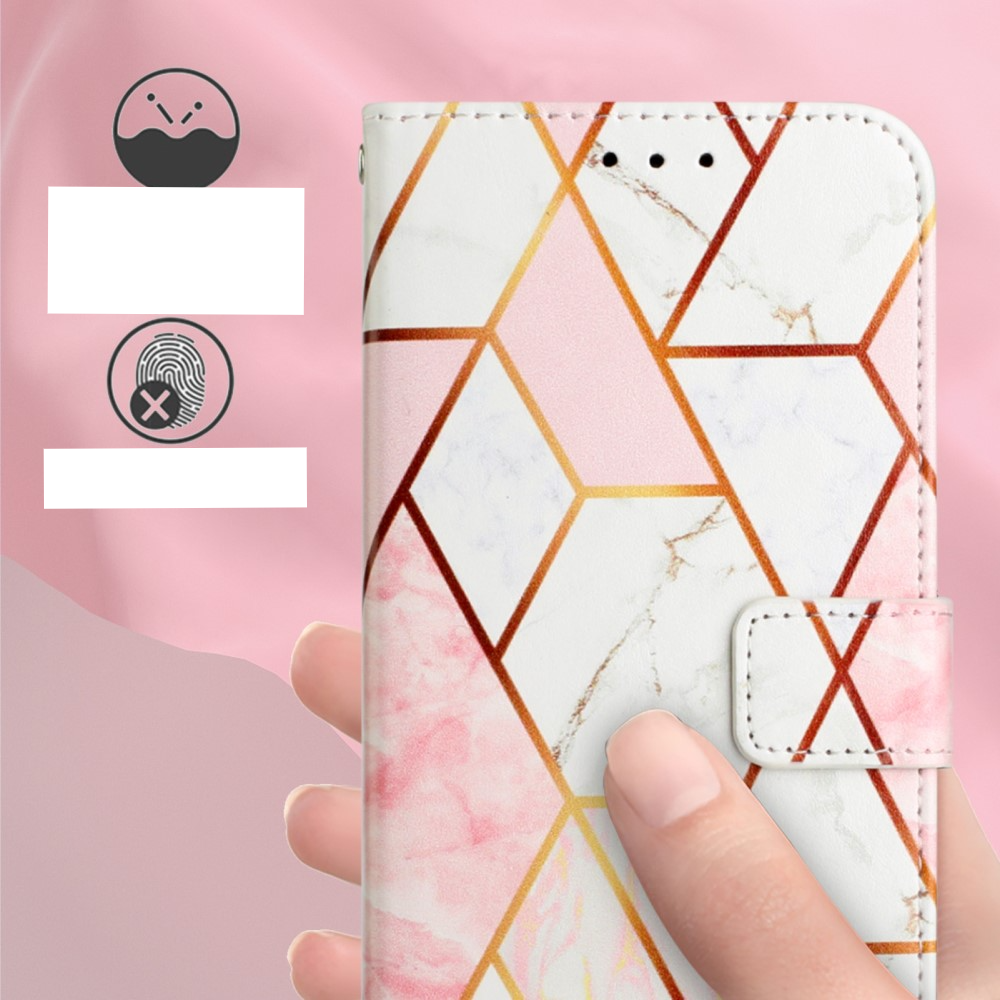 iPhone SE (2022/2020) / 8 / 7 / 6S Leder Tasche mit Kartenfach   Handschlaufe Geometrisches Muster - Rosa / Weiss