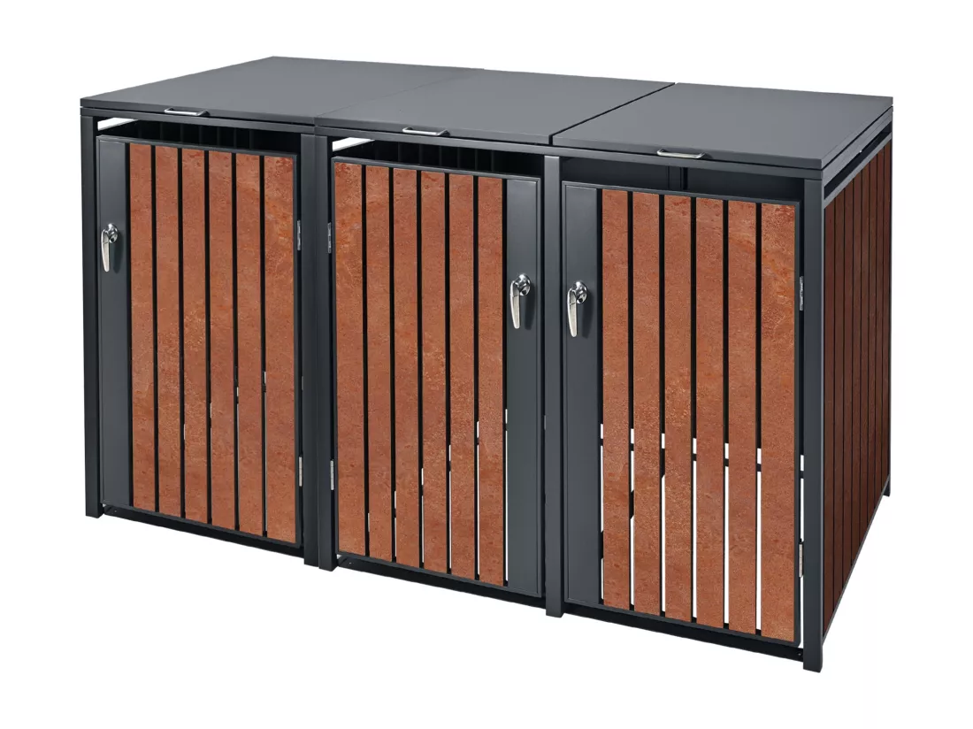 Habillage de poubelle acier Corten conteneur extérieur pour 3 poubelles 3x240L