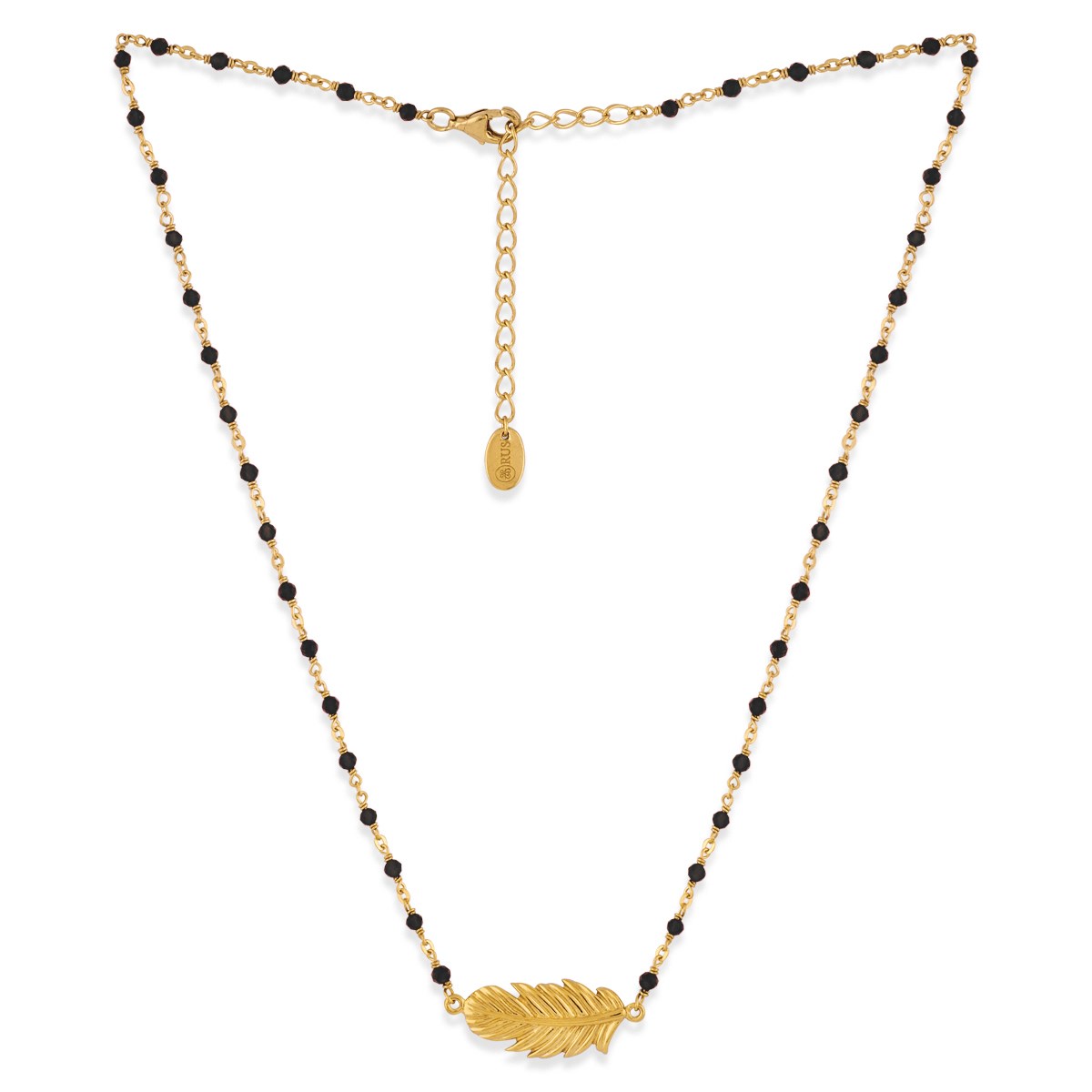 Collier Argent Doré Plume Et Pierres Naturelles Noires