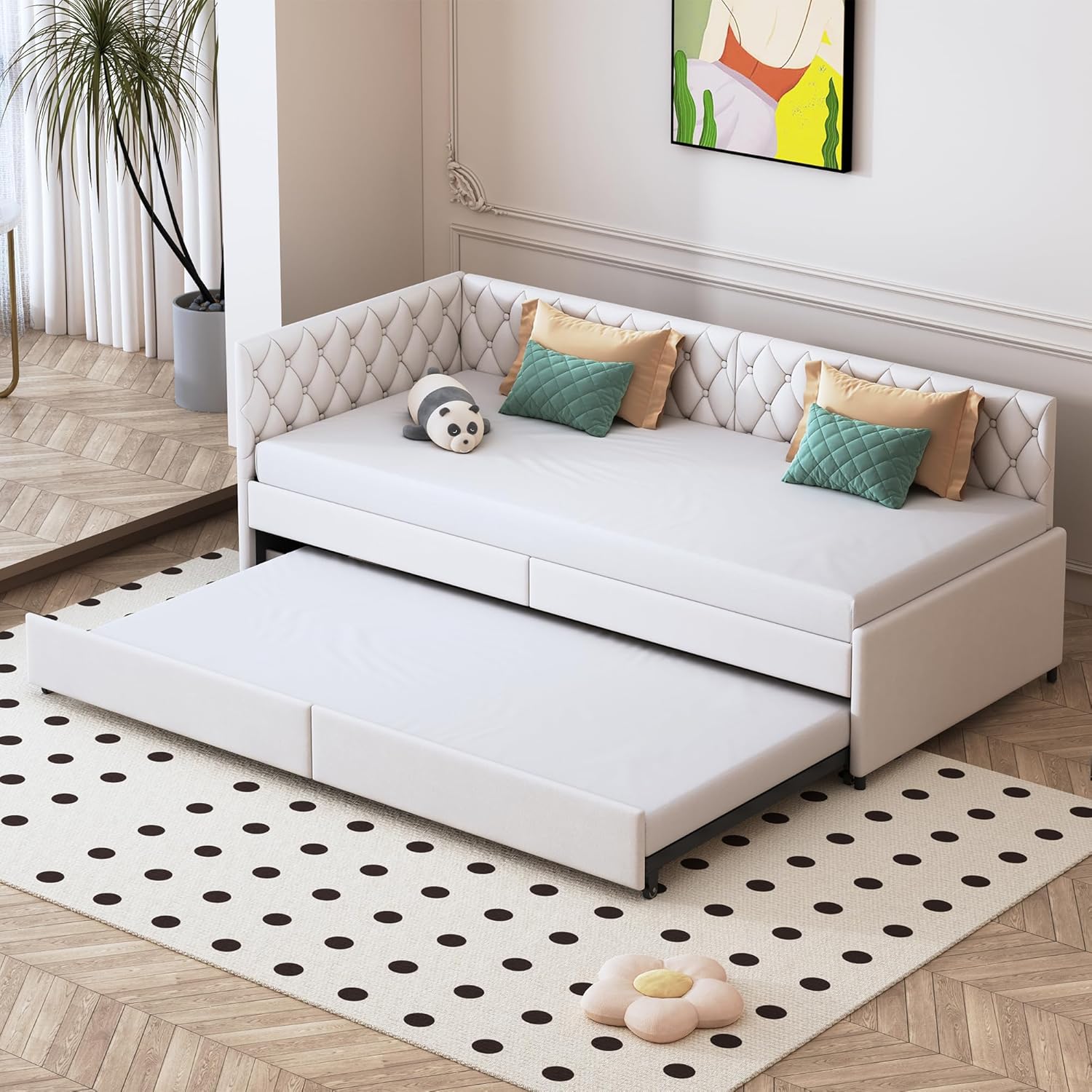 Schlafcouch Ausziehbar, Tagesbett Ausziehbar, Ausziehbett, Schlafcouch 180x200, Flanell, 90/180 x 200 cm, ohne Matratze (Klassiker Creme)