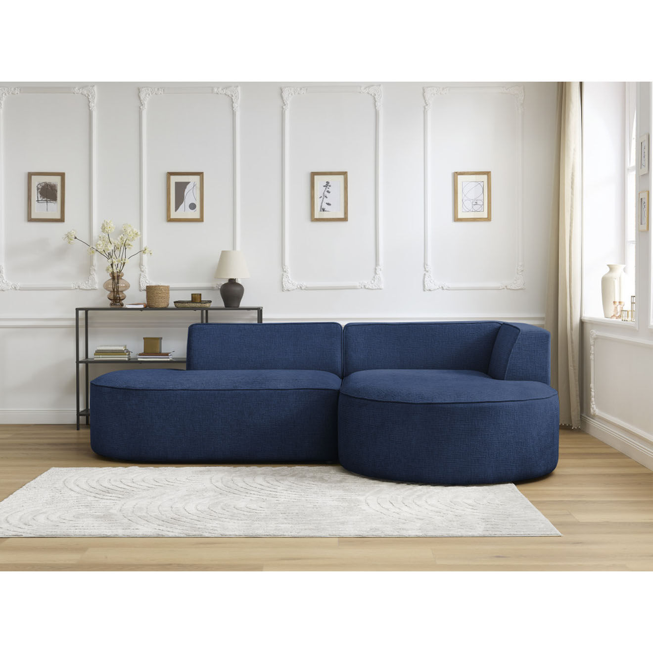 Bobochic Canapé d'angle droit fixe 4 places Rousseau texturé bleu foncé - 250x160x72 cm