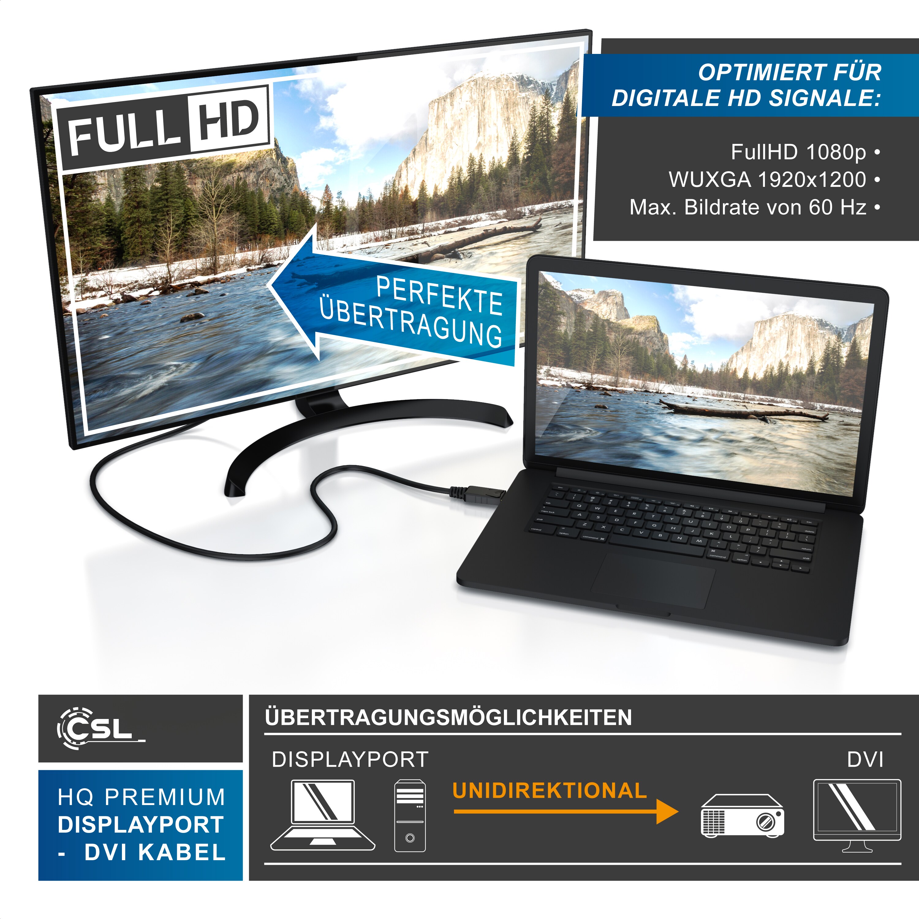 CSL DisplayPort Video-Kabel, 20 Pins, DVI-D, Monitorkabel, HDCP und EDID Zertifiziert, FHD Ausflösung - 2m