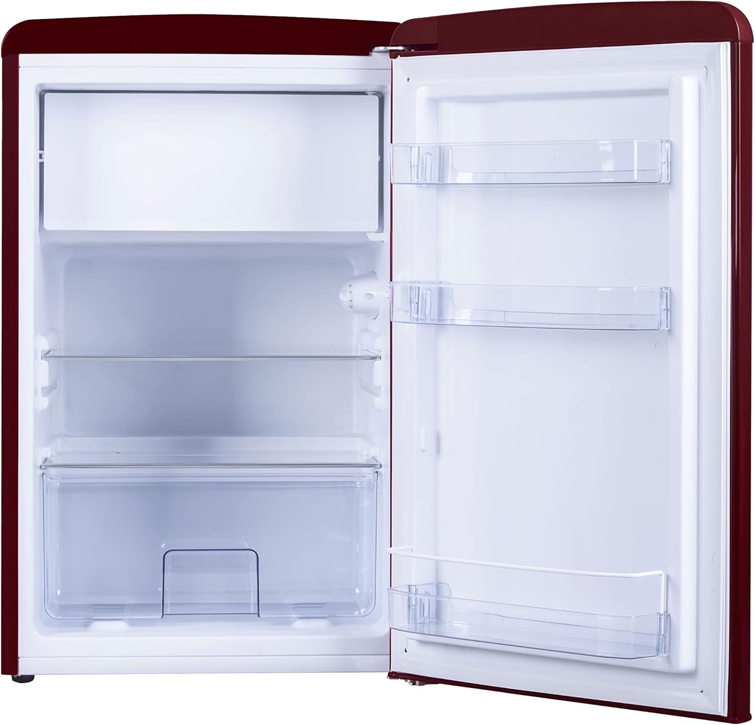 Amica KS 15611 R Retro Kühlschrank mit Gefrierfach / Wine Red (Weinrot) / 88cm (H) x 55cm (B) x 62cm (T) / Retro-Design
