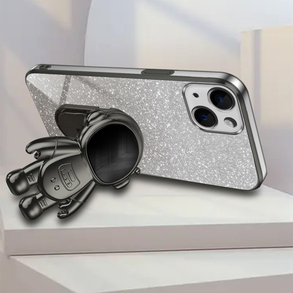 iPhone 15 Hybrid Hardcase Glitzer Hülle   Astronauten Kickstand Aufsteller   Kameraschutz - Schwarz / Silber