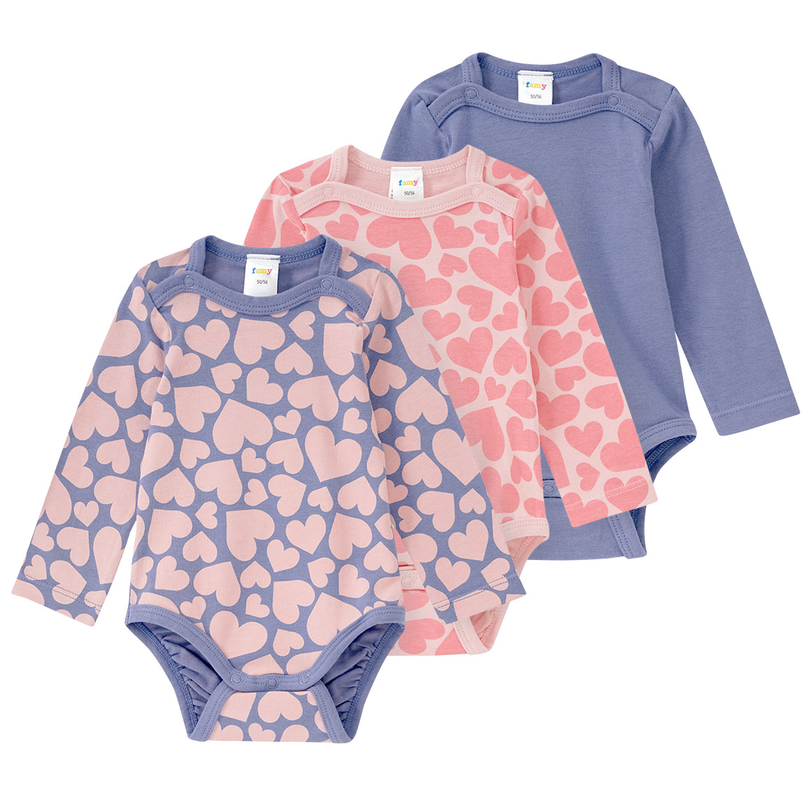 Famy 3 Baby Bodys mit Herzen blau / rosa