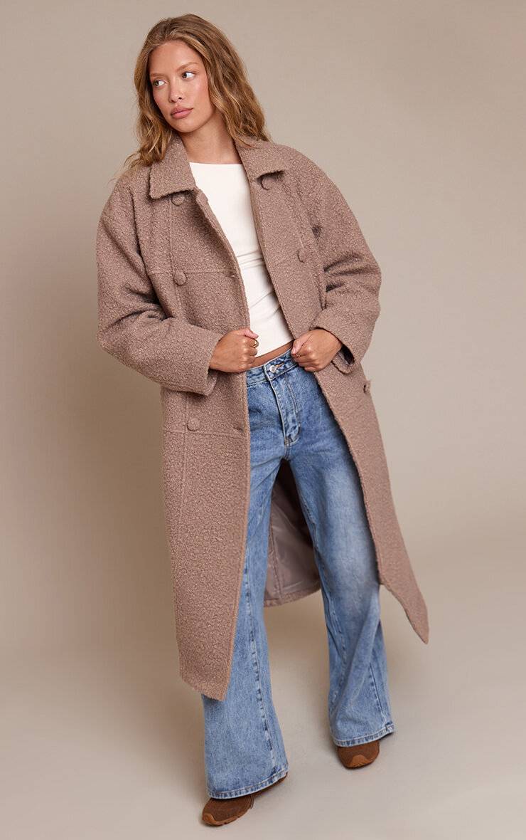 Taupe Manteau Maxi En Bouclé À Double Boutonnage