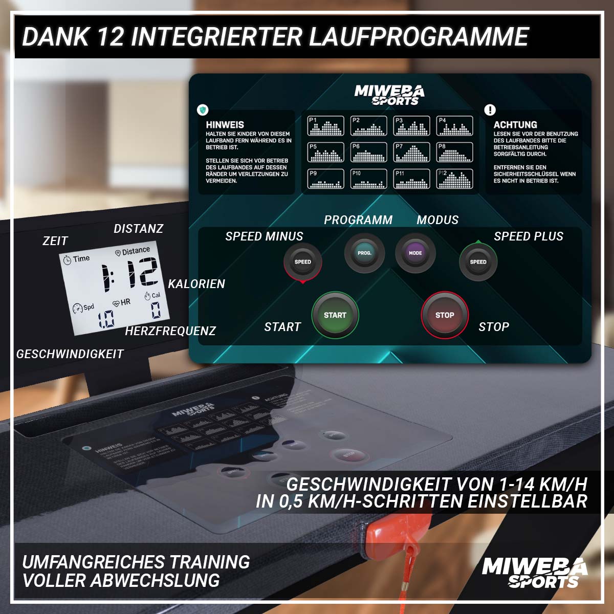 Miweba Sports Laufband Home Track HT500, klappbar, 1-14 km/h, Handy/-Tablethalter, 12 Programme (Schwarz)