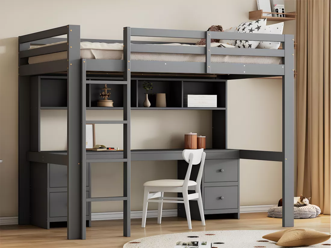 Lit mezzanine 90x200cm - avec bureau et 2 commodes - en pin massif et MDF - Gris