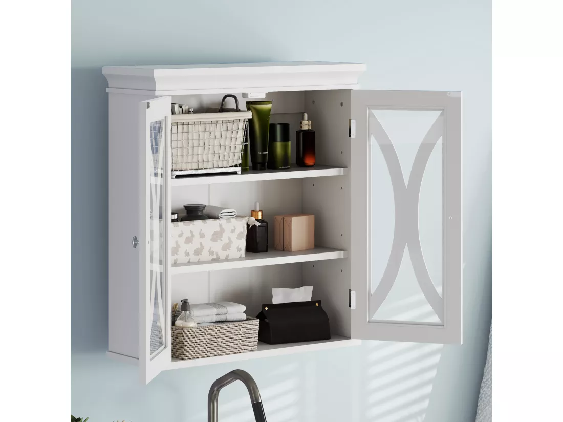 YITAHOME Meuble Mural avec 2 Portes Vitrées, Meuble Haut pour Salle de Bains, Armoire avec Étagère Réglable, Blanc