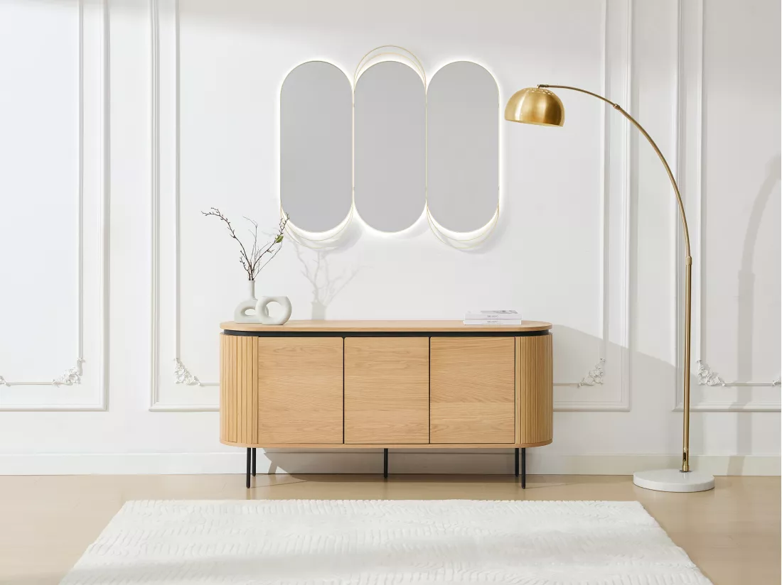 Buffet avec 3 portes placage chêne et métal - Naturel clair et Noir - CARDIONA