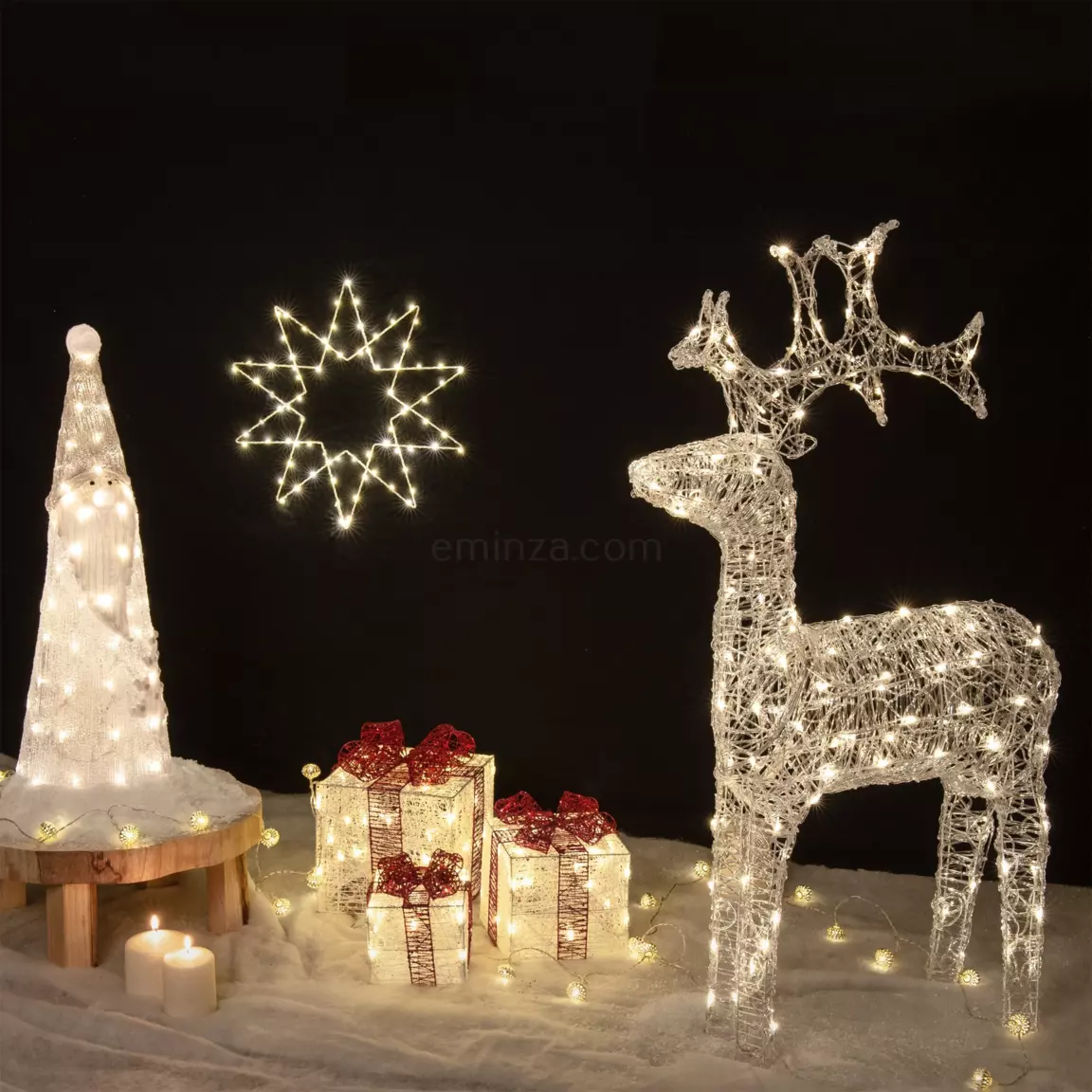 Lot de 3 cadeaux lumineux 65 LED (H25 cm) Santa blanc et Blanc chaud